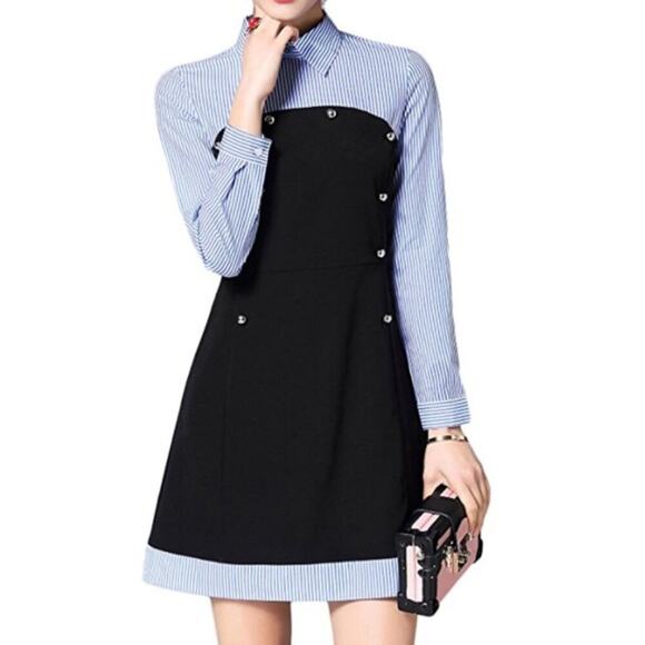 STYLEWE Dresses & Skirts - Stylewe Blue Pinstripe Long Sleeve Collared Shirt Dress Mini Size Small